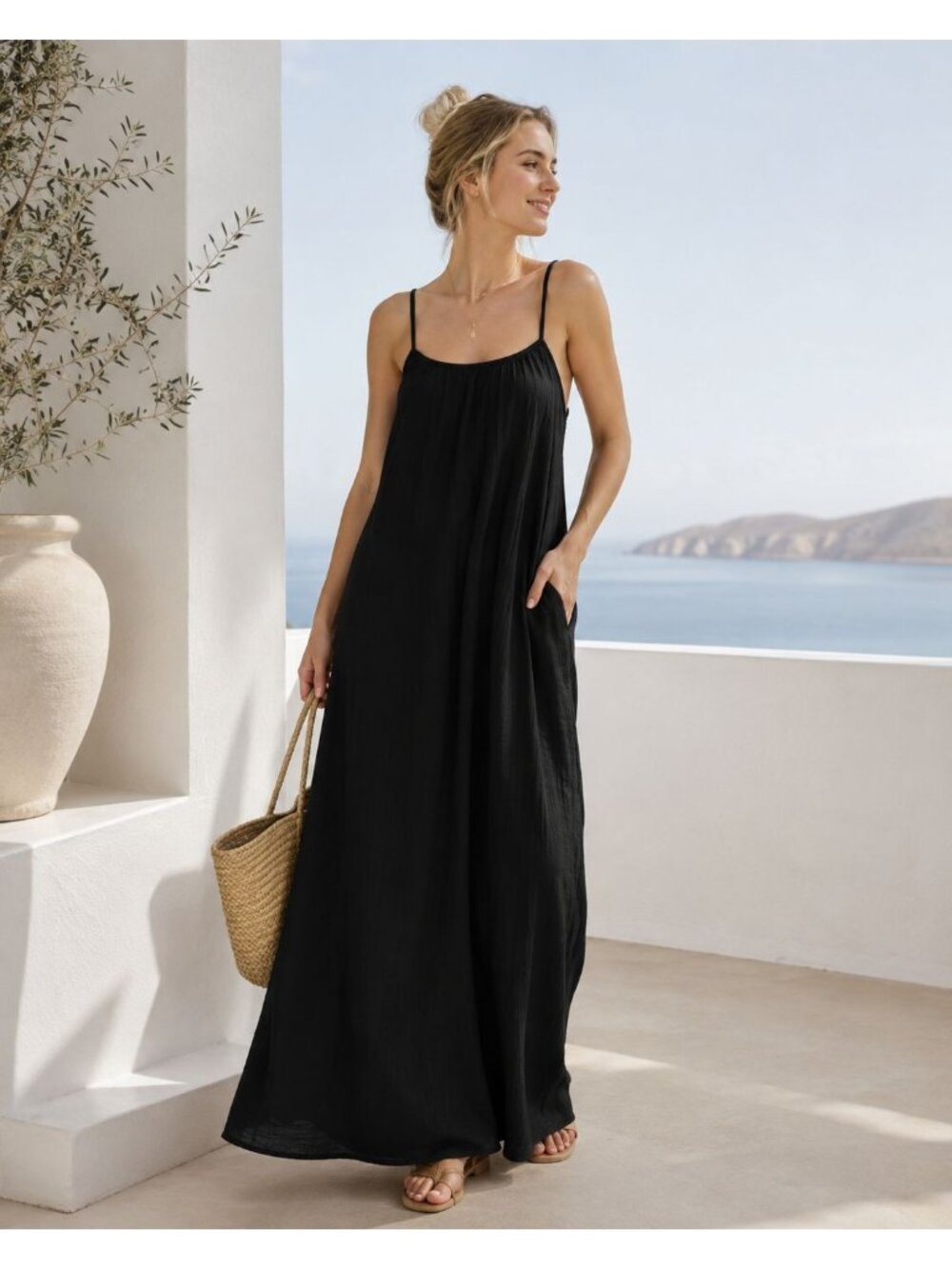 Sol Angeles Black Gauzy Spaghetti Strap Tie back Maxi Sundress